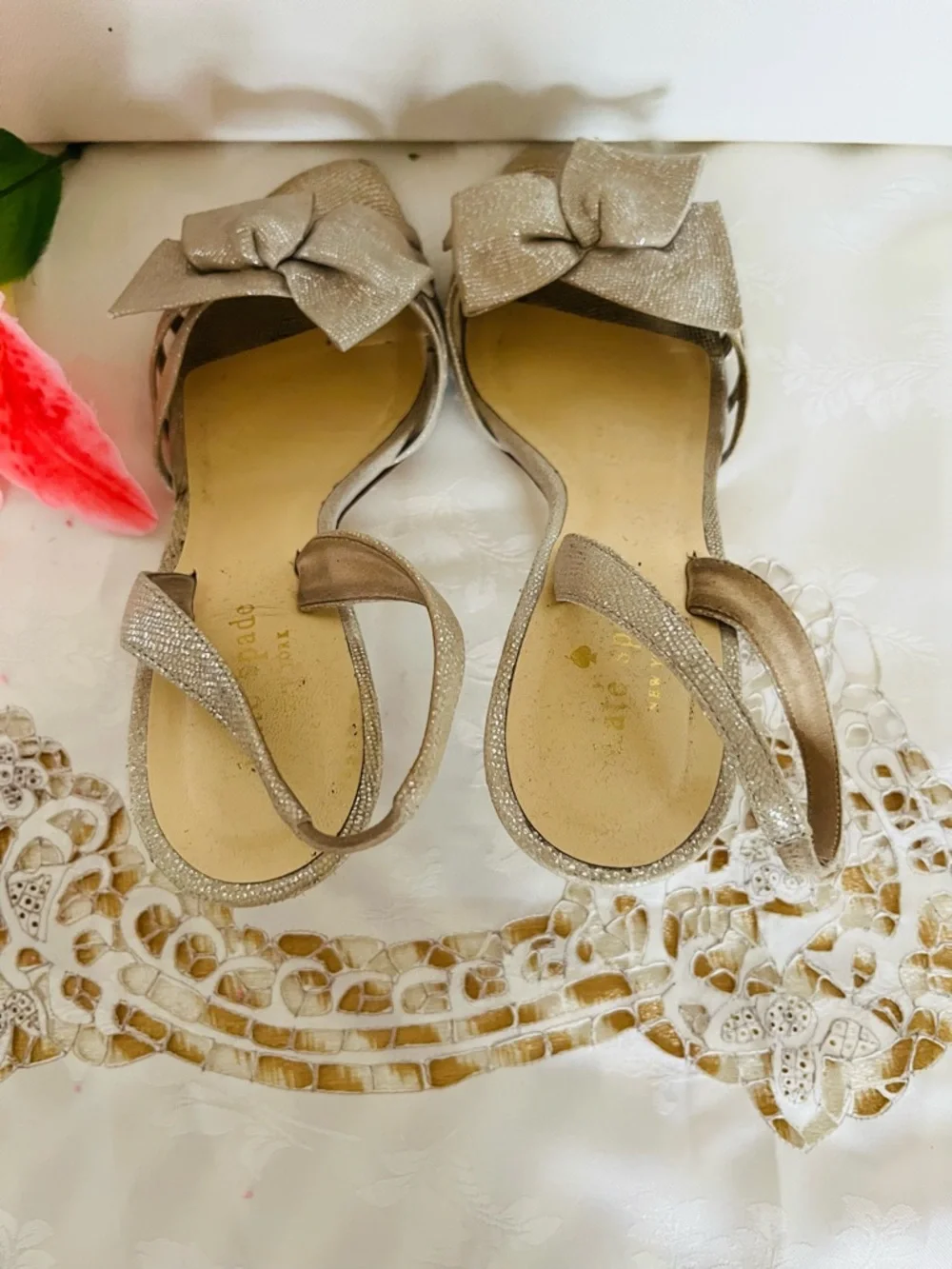 kate spade Champagne Glitter Bow Slingback Heels